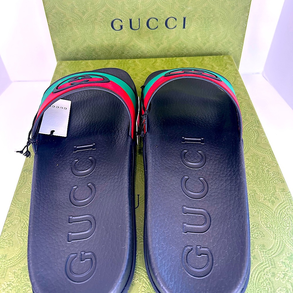 Gucci Black Slides with Red and Green Signature Stripe - Picture 6 of 16
